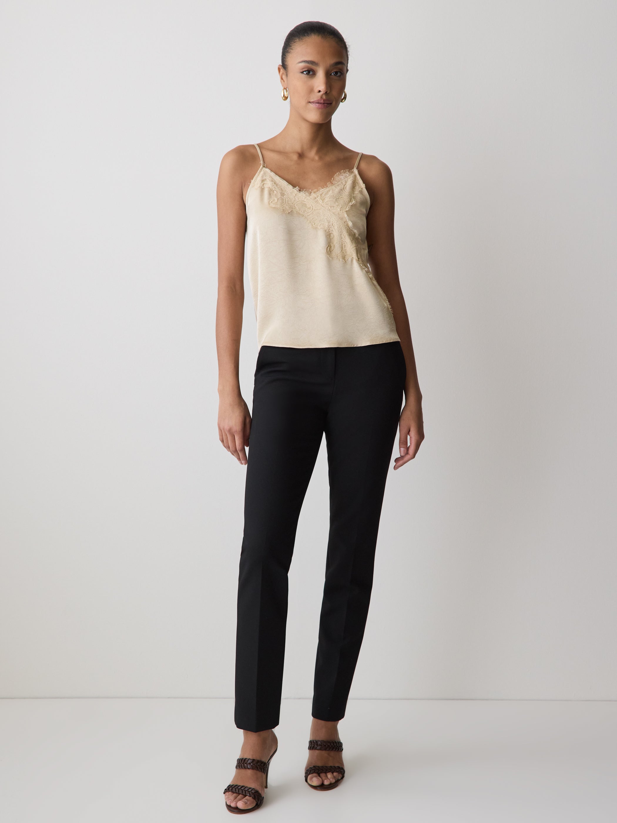 Sleeveless V-Neck Satin Blouse with Lace Trim rw&co Limited Time Discount