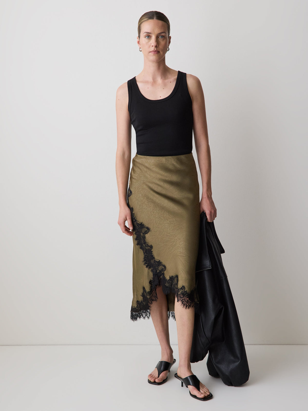 High-Rise Satin Midi Skirt with Lace Trim rw&co Exclusive Sale Price