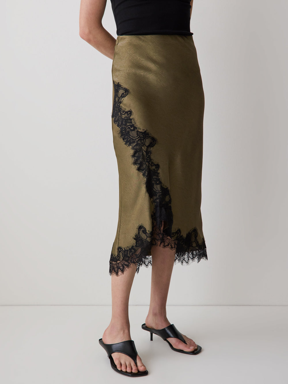 High-Rise Satin Midi Skirt with Lace Trim rw&co Exclusive Sale Price