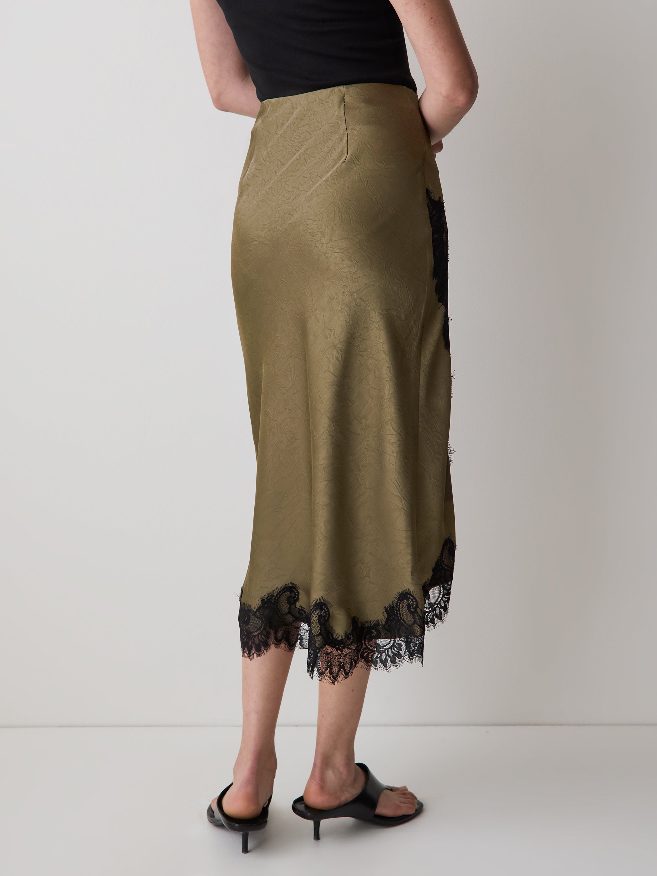 High-Rise Satin Midi Skirt with Lace Trim rw&co Exclusive Sale Price