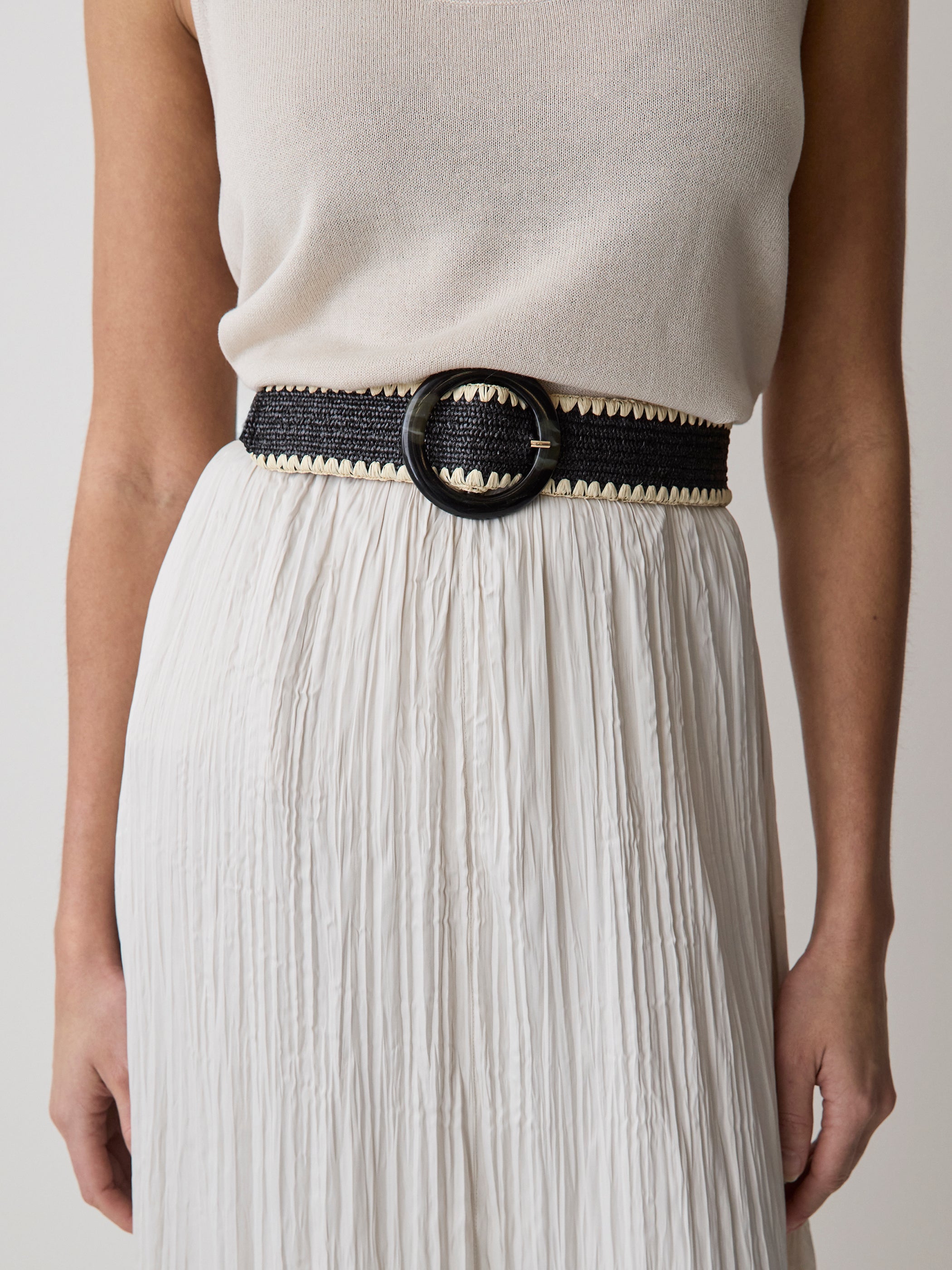 Black and Beige Raffia Belt with Round Buckle rw&co Special Offer