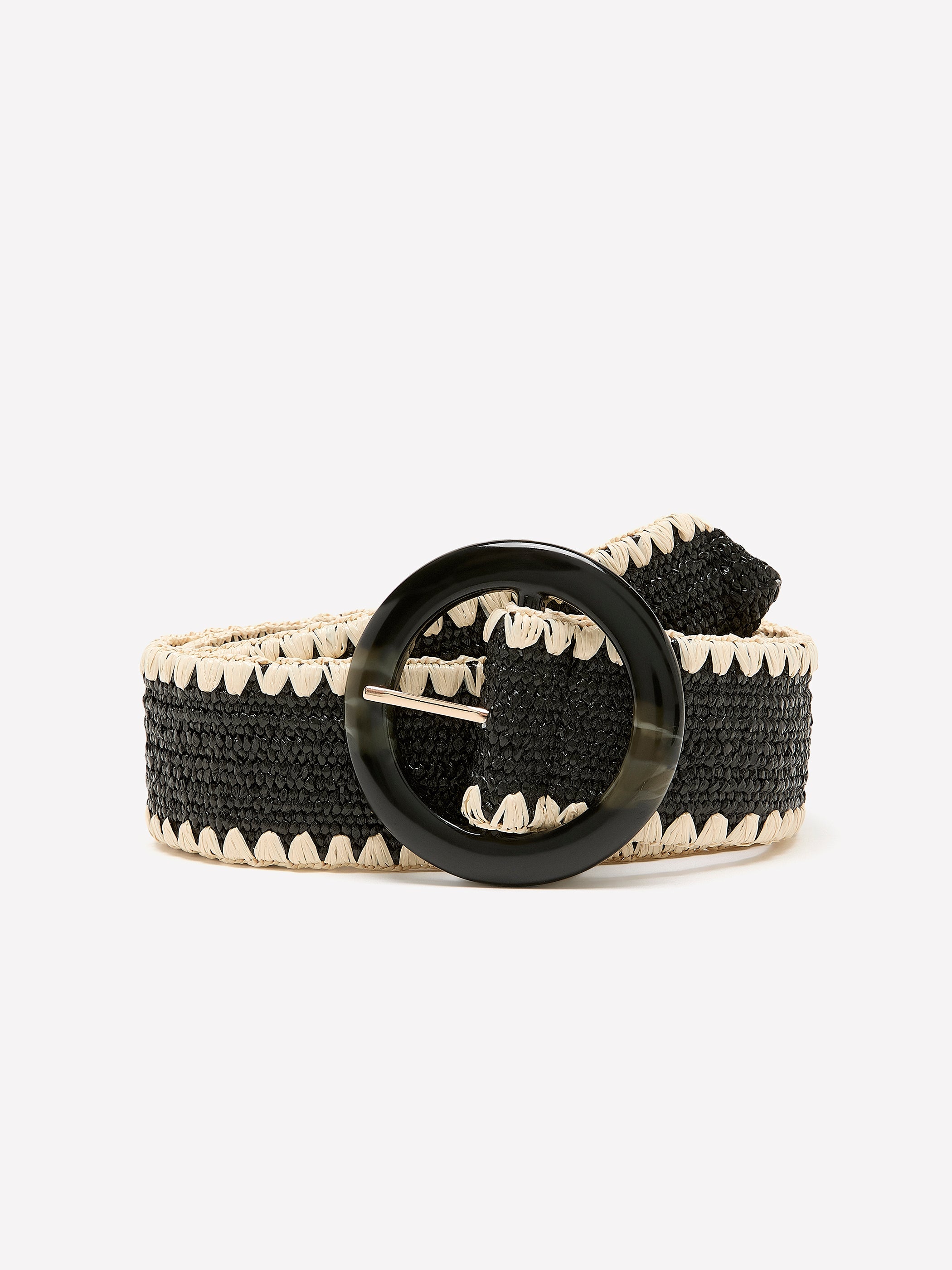 Black and Beige Raffia Belt with Round Buckle rw&co Special Offer