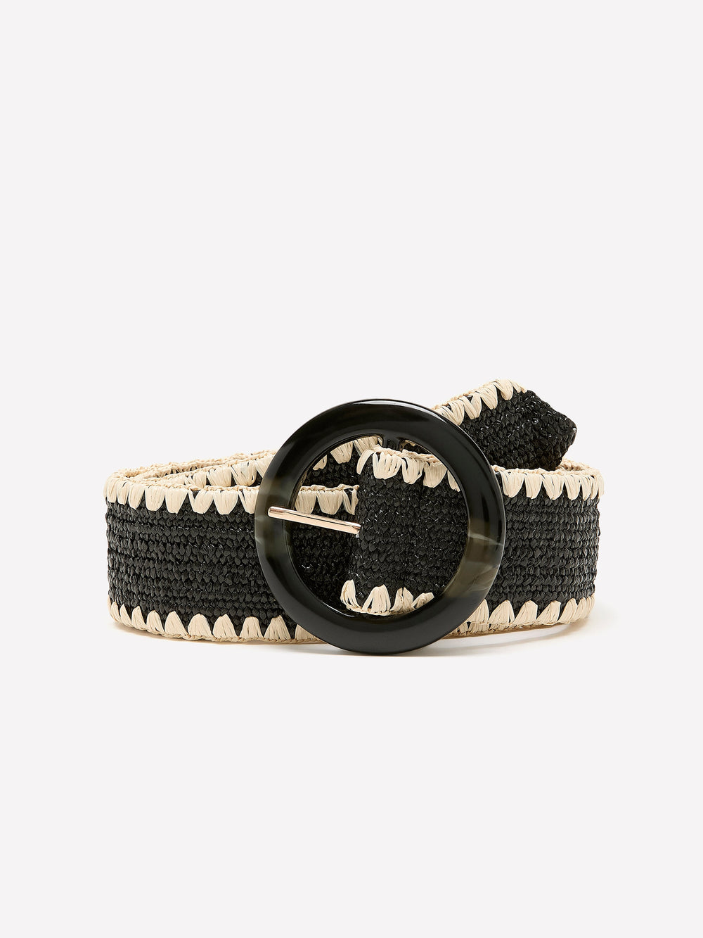 Black and Beige Raffia Belt with Round Buckle rw&co Special Offer