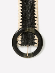 Black and Beige Raffia Belt with Round Buckle rw&co Special Offer