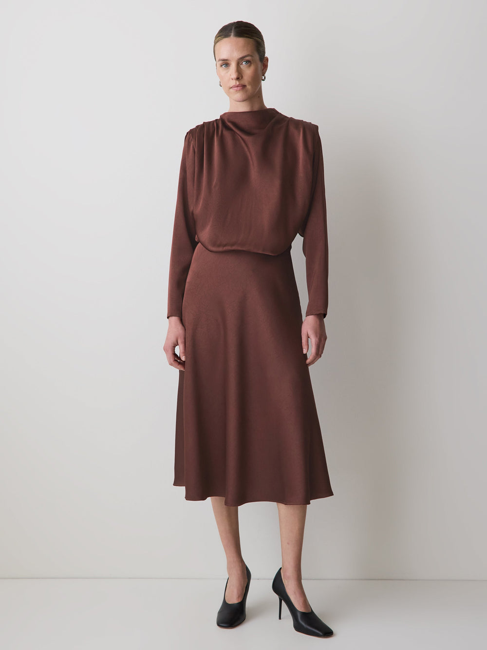 Satin Long-Sleeve Draped Midi Dress rw&co Limited Time Discount