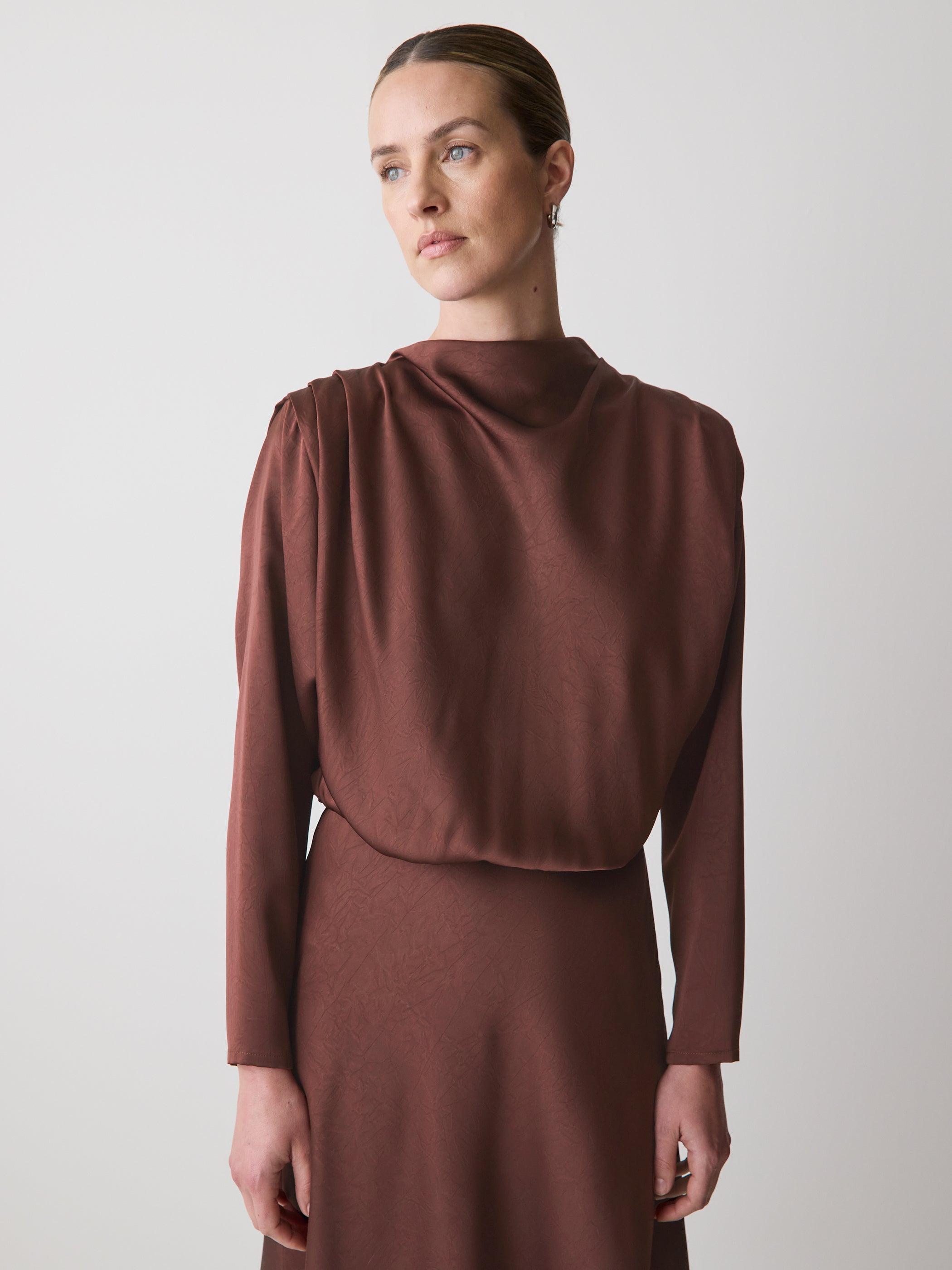 Satin Long-Sleeve Draped Midi Dress rw&co Limited Time Discount