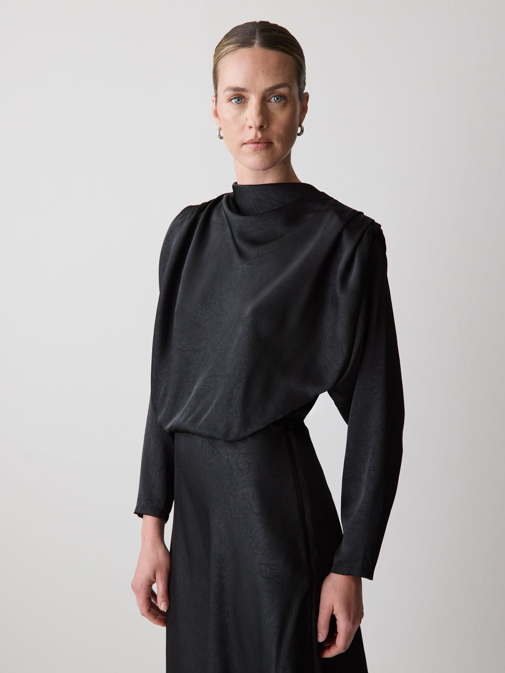 Satin Long-Sleeve Draped Midi Dress rw&co Limited Time Discount
