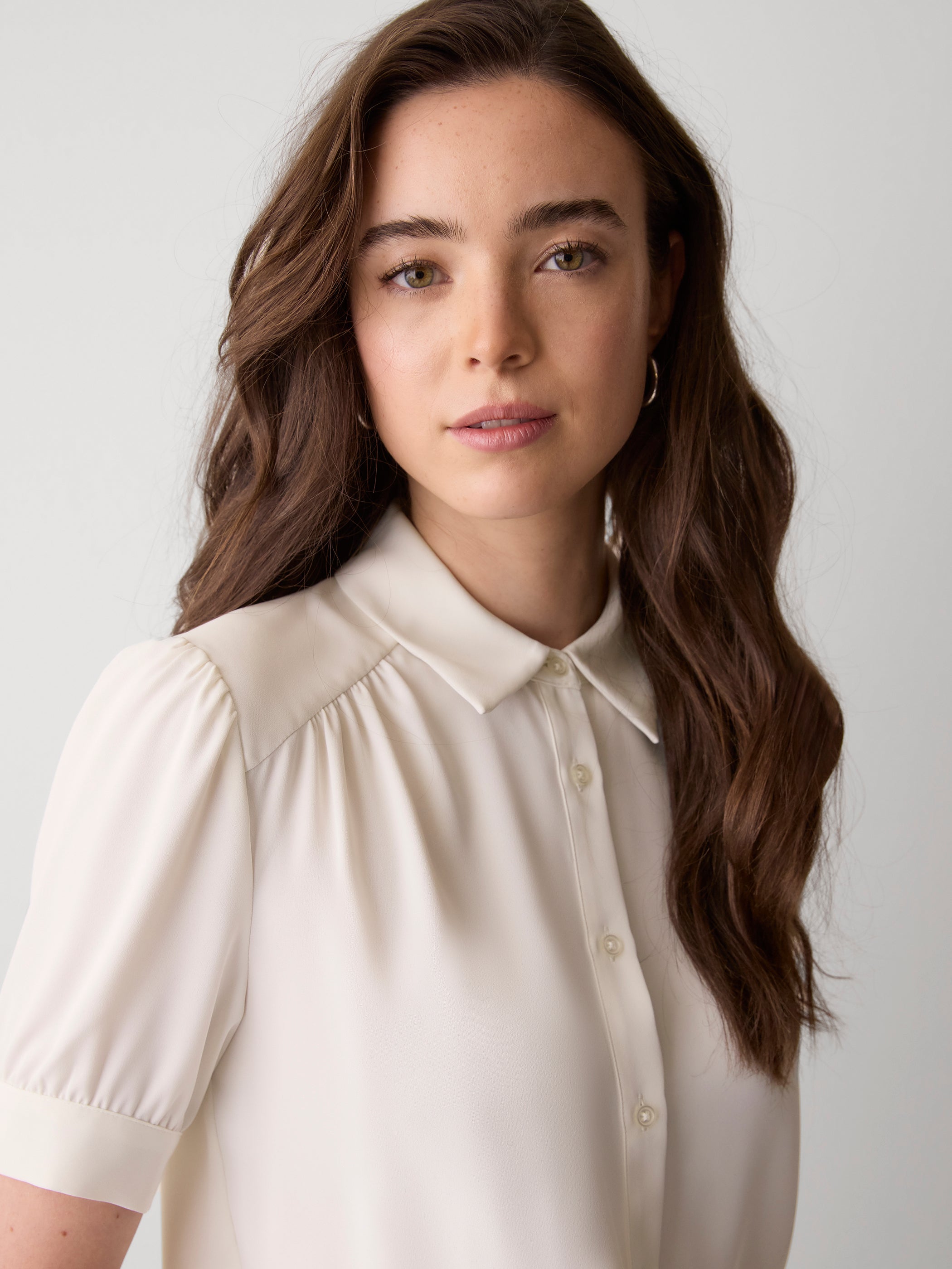 Silky Crepe Short-Sleeve Buttoned-Down Blouse rw&co Limited Time Discount