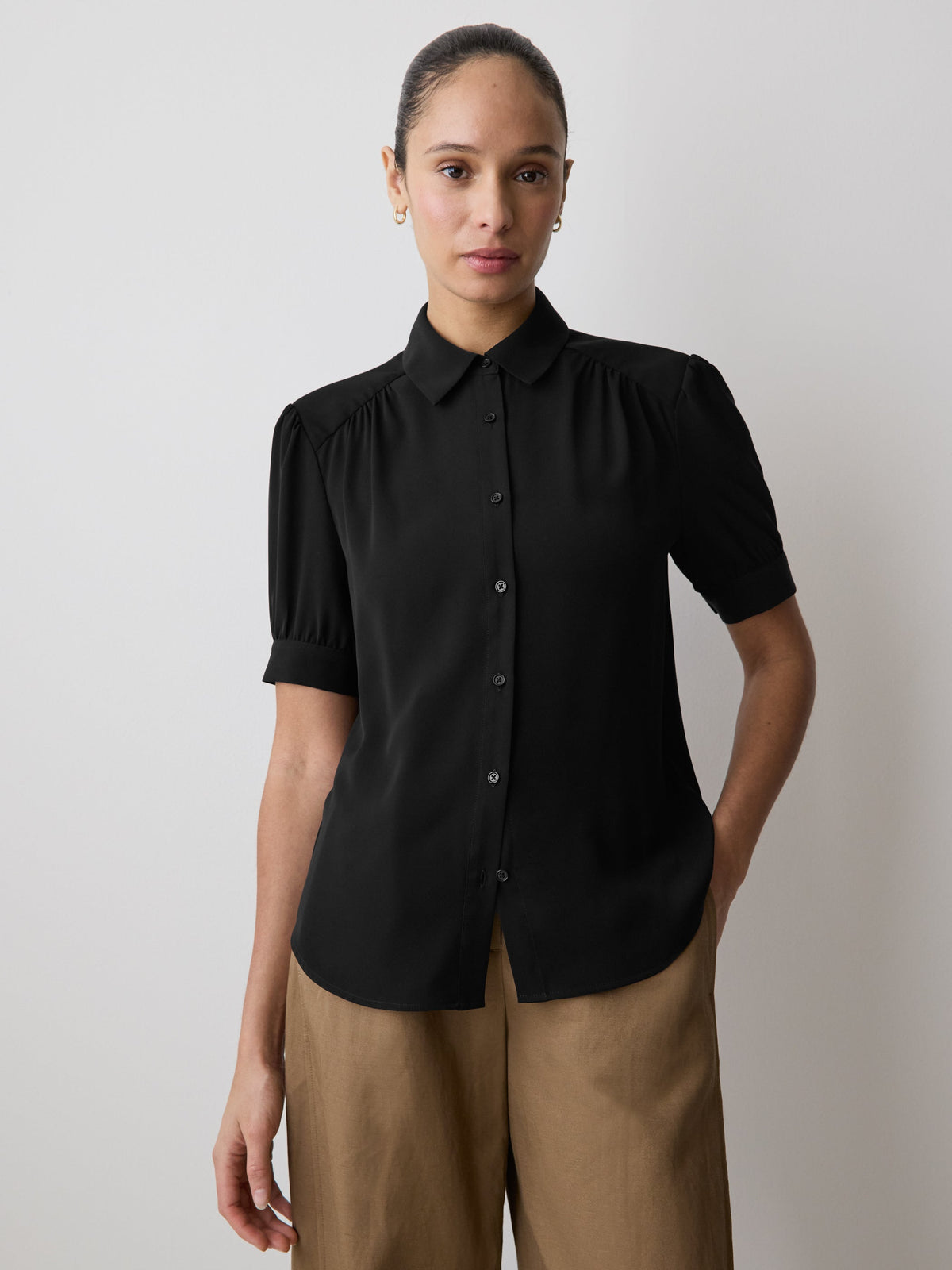 Silky Crepe Short-Sleeve Buttoned-Down Blouse rw&co Limited Time Discount