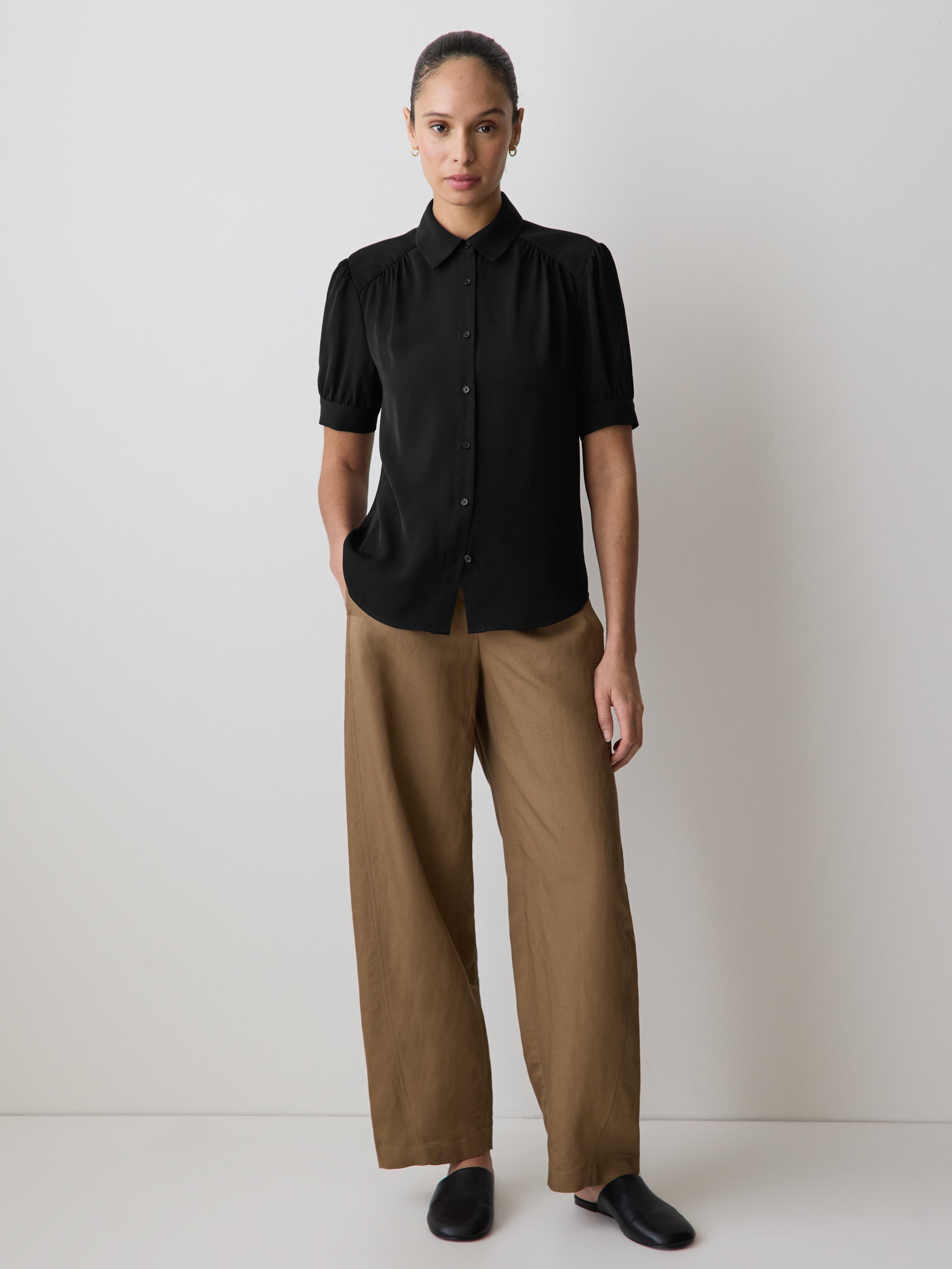 Silky Crepe Short-Sleeve Buttoned-Down Blouse rw&co Limited Time Discount