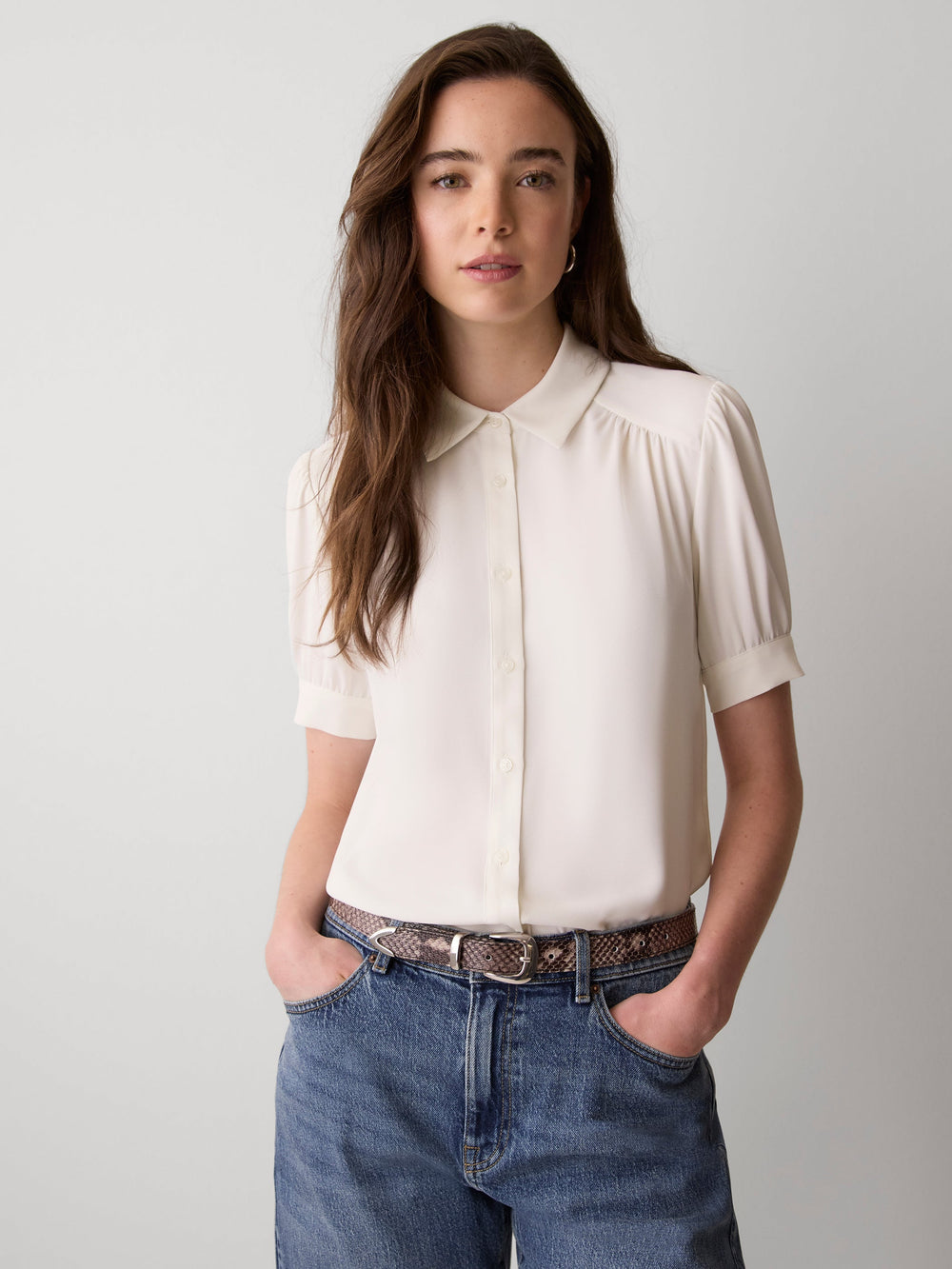 Silky Crepe Short-Sleeve Buttoned-Down Blouse rw&co Limited Time Discount